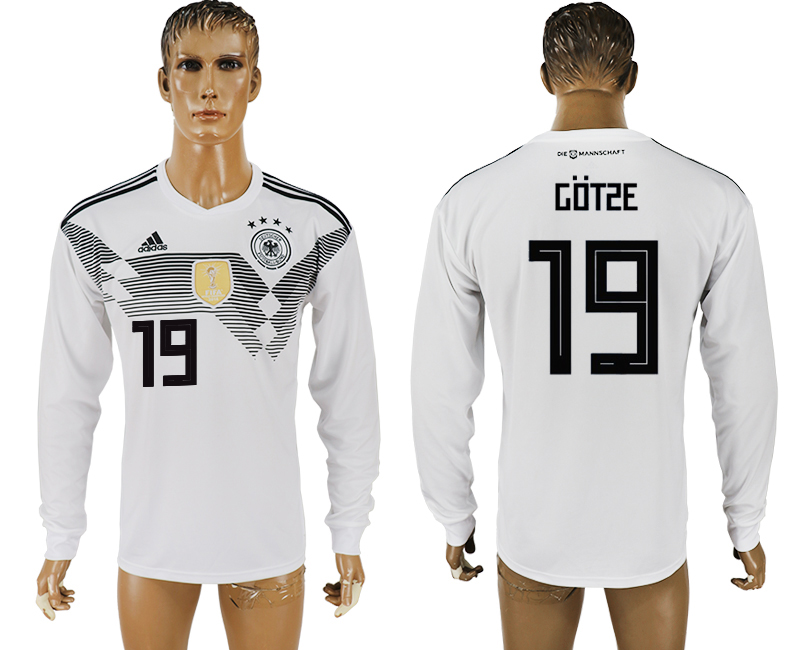 2018 World Cup Men Germany #19 Gotze White Home Long Sleeves Soccer Country Jersey
