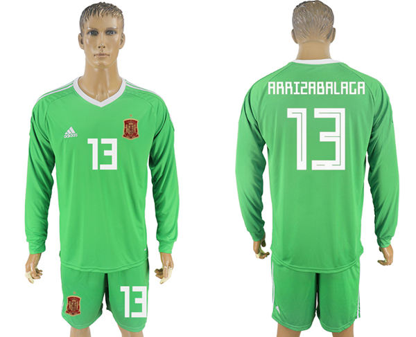 2018 World Cup Men Spain #13 Arrizabalaga Green Home Long Sleeves Soccer Country Jersey 2018 World Cup Men Spain #13 Arrizabalaga Green Home Long Sleeves Soccer Country Jersey