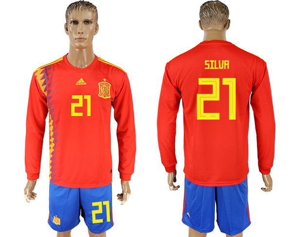 2018 World Cup Men Spain #21 Silva Red Home Long Sleeves Soccer Country Jersey