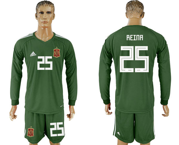2018 World Cup Men Spain #25 Reina Dack Green Home Long Sleeves Soccer Country Jersey