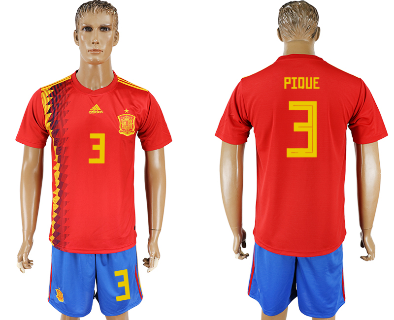2018 World Cup Men Spain #3 Pique Red Home Soccer Country Jersey