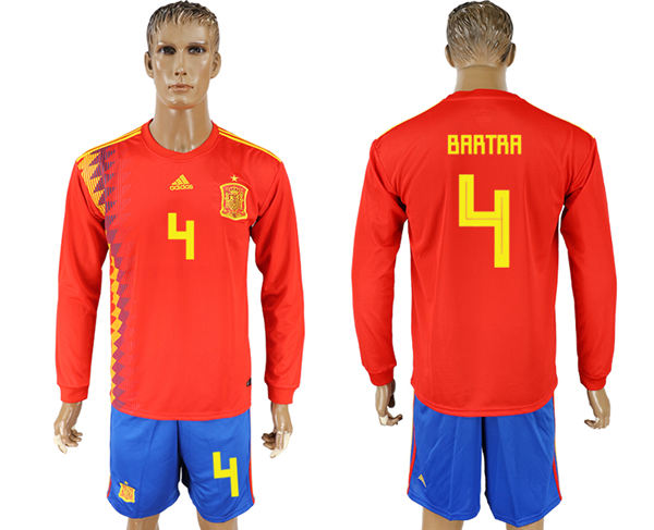 2018 World Cup Men Spain #4 Bartra Red Home Long Sleeves Soccer Country Jersey