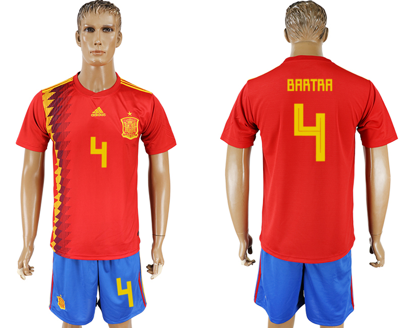 2018 World Cup Men Spain #4 Bartra Red Home Soccer Country Jersey