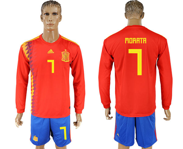 2018 World Cup Men Spain #7 Morata Red Home Long Sleeves Soccer Country Jersey 2018 World Cup Men Spain #7 Morata Red Home Long Sleeves Soccer Country Jersey