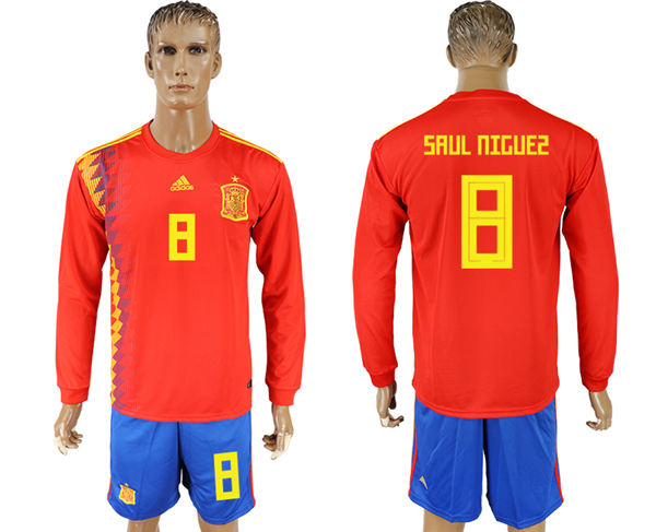 2018 World Cup Men Spain #8 Saul Niguez Red Home Long Sleeves Soccer Country Jersey 2018 World Cup Men Spain #8 Saul Niguez Red Home Long Sleeves Soccer Country Jersey