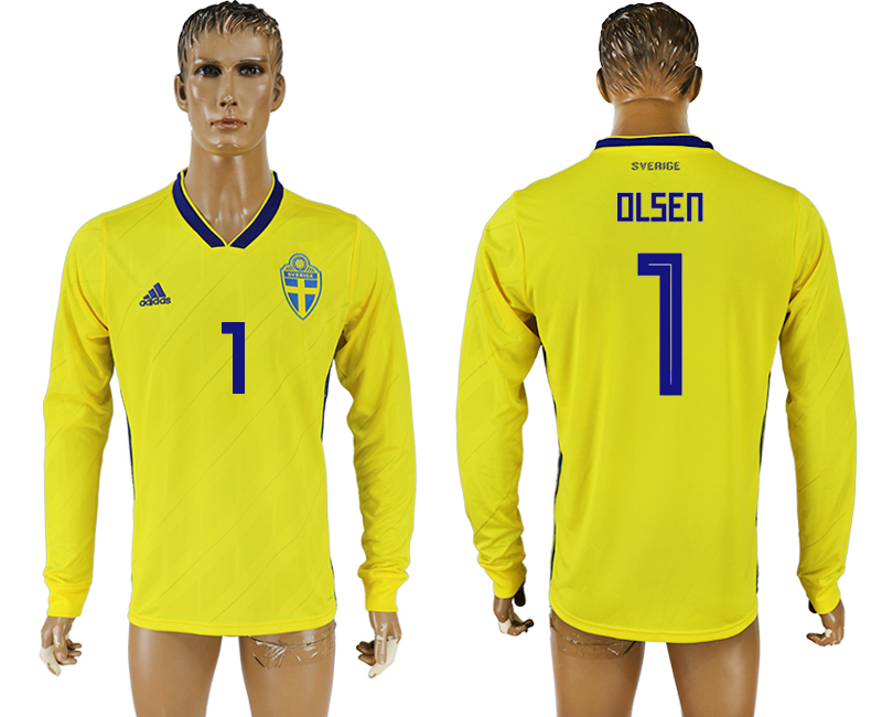 2018 World Cup Men Sweden #1 Olsen Home Long Sleeves Soccer Country Jersey
