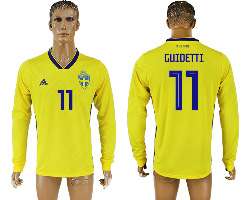 2018 World Cup Men Sweden #11 Guidetti Home Long Sleeves Soccer Country Jersey