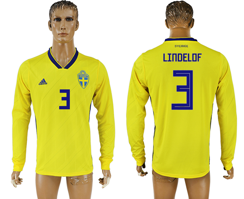 2018 World Cup Men Sweden #3 Lindelof Home Long Sleeves Soccer Country Jersey