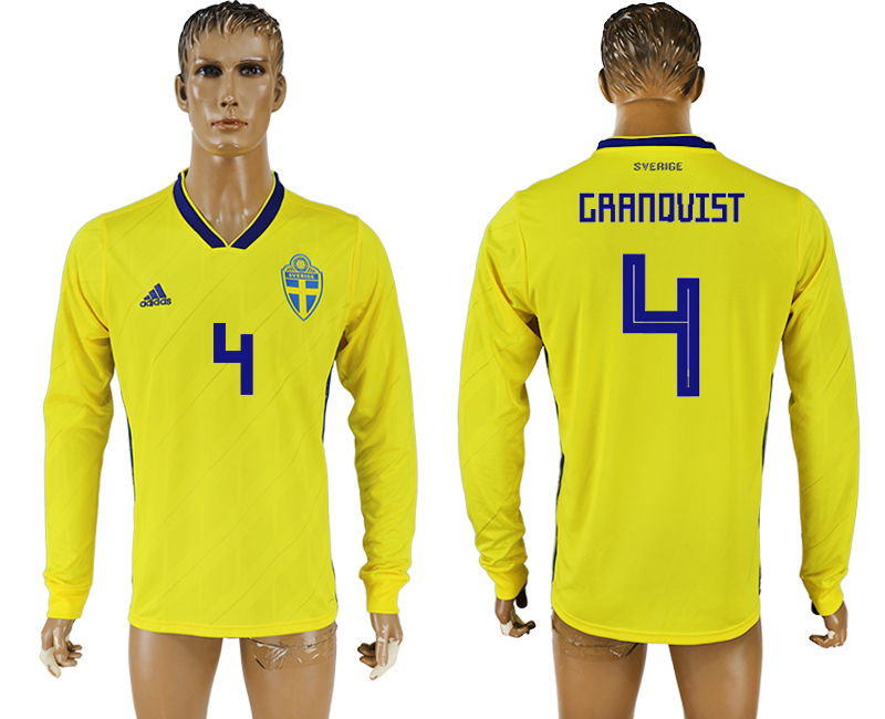 2018 World Cup Men Sweden #4 Granqvist Home Long Sleeves Soccer Country Jersey