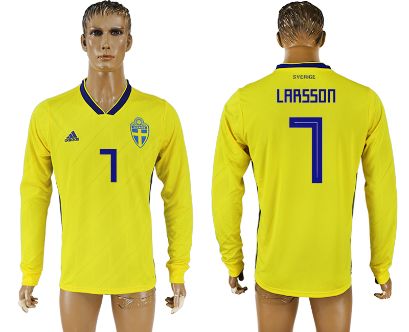2018 World Cup Men Sweden #7 Larsson Home Long Sleeves Soccer Country Jersey