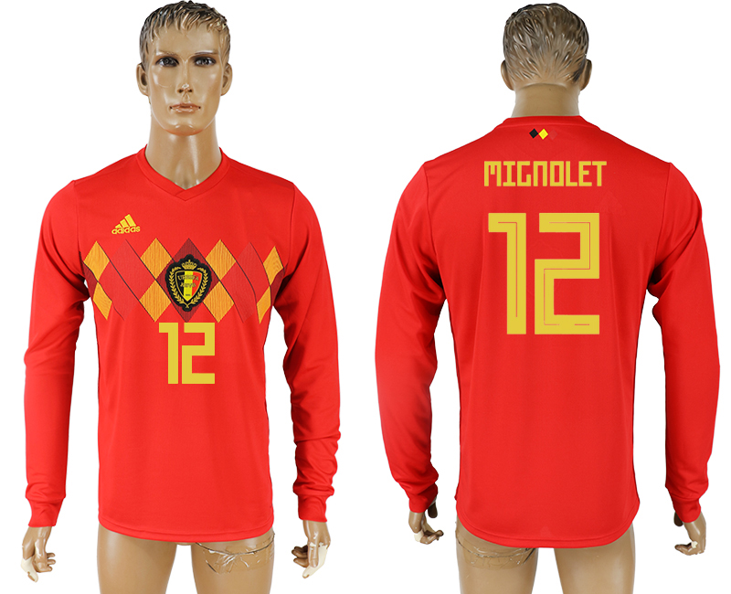 2018 World Men Cup Belgium #12 Mignolet Red Home Long Sleeves Soccer Country Jersey