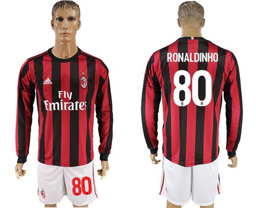 AC Milan #80 Ronaldinho Home Long Sleeves Soccer Club Jersey AC Milan #80 Ronaldinho Home Long Sleeves Soccer Club Jersey