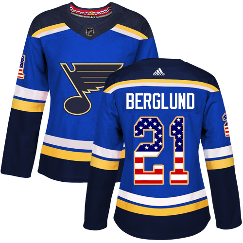 Adidas Blues #21 Patrik Berglund Blue Home Authentic USA Flag Women's Stitched NHL Jersey