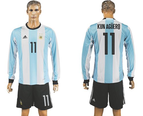 Argentina #11 Kun Aguero Home Long Sleeves Soccer Country Jersey Argentina #11 Kun Aguero Home Long Sleeves Soccer Country Jersey