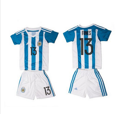 Argentina #13 Funes Home Kid Soccer Country Jersey
