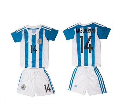 Argentina #14 Mascherano Home Kid Soccer Country Jersey