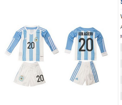 Argentina #20 Kun Aguero Home Long Sleeves Kid Soccer Country Jersey