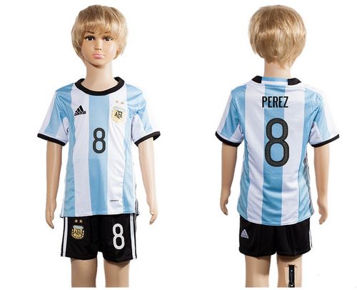 Argentina #8 Perez Home Kid Soccer Country Jersey Argentina #8 Perez Home Kid Soccer Country Jersey