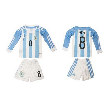 Argentina #8 Perez Home Long Sleeves Kid Soccer Country Jersey