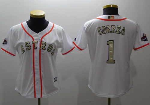 Astros #1 Carlos Correa White 2017 World Series Champions Gold Program Cool Base Women's Stitched Baseball Jersey