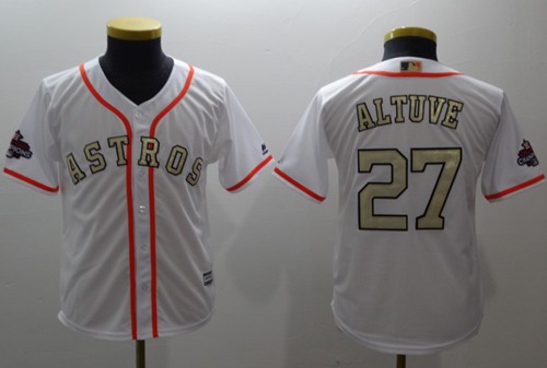 Astros #27 Jose Altuve White 2017 World Series Champions Gold Program Cool Base Stitched Youth Baseball Jersey Astros #27 Jose Altuve White 2017 World Series Champions Gold Program Cool Base Stitched Youth Baseball Jersey
