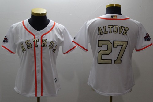 Astros #27 Jose Altuve White 2017 World Series Champions Gold Program Cool Base Women's Stitched Baseball Jersey Astros #27 Jose Altuve White 2017 World Series Champions Gold Program Cool Base Women's Stitched Baseball Jersey