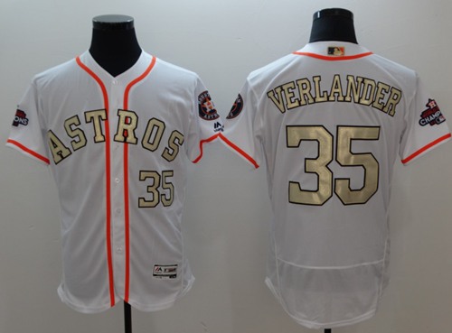 Astros #35 Justin Verlander White FlexBase Authentic 2017 World Series Champions Gold Program Stitched Baseball Jersey