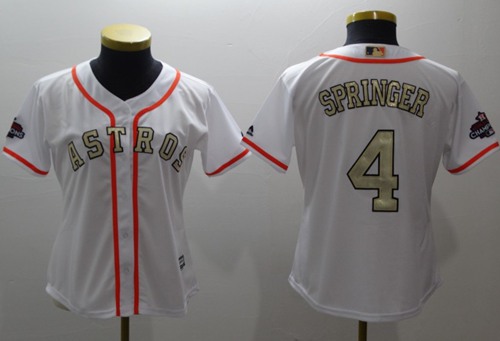 Astros #4 George Springer White 2017 World Series Champions Gold Program Cool Base Women's Stitched Baseball Jersey Astros #4 George Springer White 2017 World Series Champions Gold Program Cool Base Women's Stitched Baseball Jersey