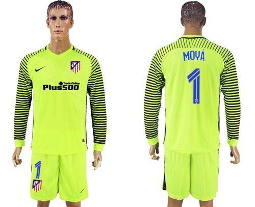 Atletico Madrid #1 Moya Shiny Green Goalkeeper Long Sleeves Soccer Club Jersey