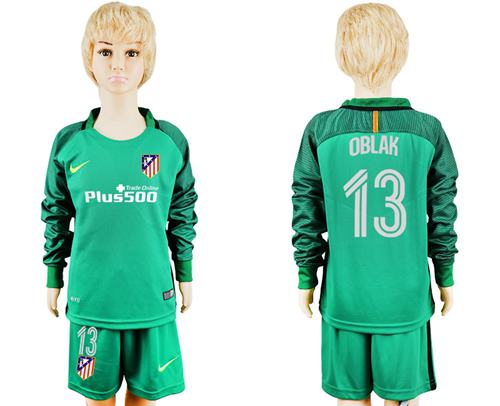 Atletico Madrid #13 Oblak Green Long Sleeves Kid Soccer Club Jersey Atletico Madrid #13 Oblak Green Long Sleeves Kid Soccer Club Jersey