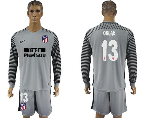 Atletico Madrid #13 Oblak Grey Goalkeeper Long Sleeves Soccer Club Jersey Atletico Madrid #13 Oblak Grey Goalkeeper Long Sleeves Soccer Club Jersey