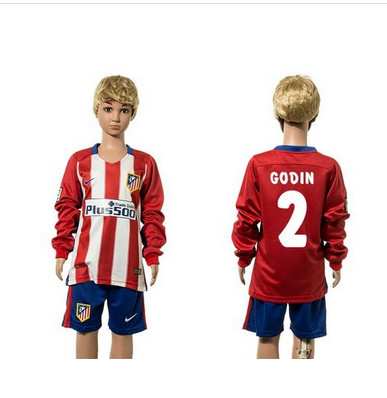 Atletico Madrid #2 Godin Home Long Sleeves Kid Soccer Club Jersey
