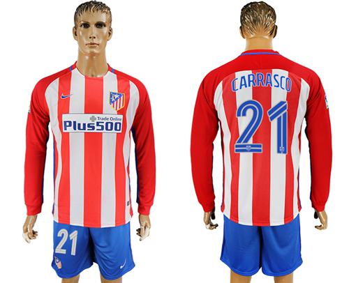 Atletico Madrid #21 Carrasco Home Long Sleeves Soccer Club Jersey Atletico Madrid #21 Carrasco Home Long Sleeves Soccer Club Jersey