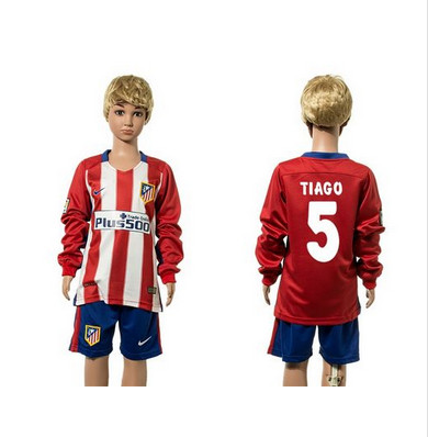 Atletico Madrid #5 Tiago Home Long Sleeves Kid Soccer Club Jersey