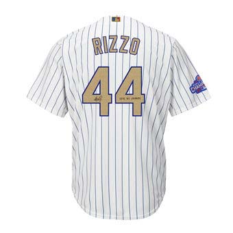 Autographed Chicago Cubs Anthony Rizzo Majestic White World Series Champions Gold Program Replica Jersey with 2016 WS Champs Inscription