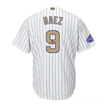 Autographed Chicago Cubs Javier Baez Majestic White World Series Champions Gold Program Replica Jersey