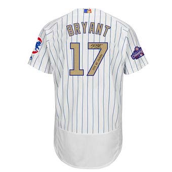 Autographed Chicago Cubs Kris Bryant Majestic White World Series Champions Gold Program Authentic Jersey with 2016 WS Champs Inscription