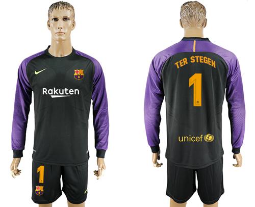 Barcelona #1 Ter Stegen Black Goalkeeper Long Sleeves Soccer Club Jersey Barcelona #1 Ter Stegen Black Goalkeeper Long Sleeves Soccer Club Jersey