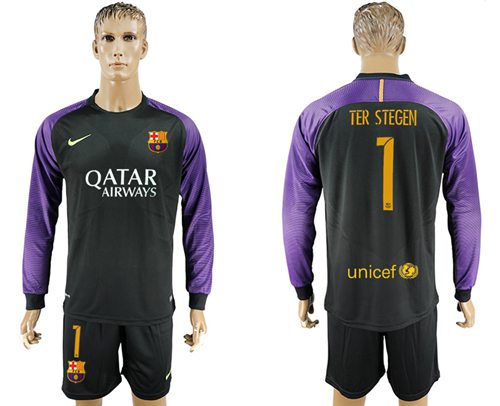 Barcelona #1 Ter Stegen Black Goalkeeper Long Sleeves Soccer Club Jersey