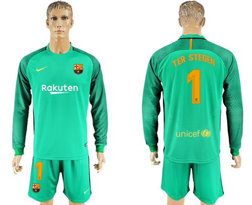 Barcelona #1 Ter Stegen Green Goalkeeper Long Sleeves Soccer Club Jersey Barcelona #1 Ter Stegen Green Goalkeeper Long Sleeves Soccer Club Jersey