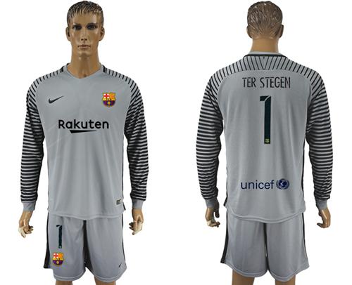 Barcelona #1 Ter Stegen Grey Goalkeeper Long Sleeves Soccer Club Jersey Barcelona #1 Ter Stegen Grey Goalkeeper Long Sleeves Soccer Club Jersey