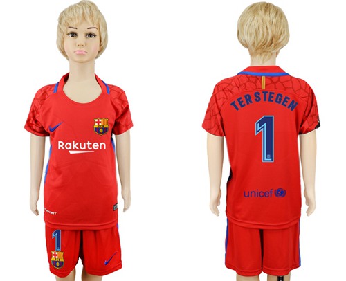 Barcelona #1 Ter Stegen Red Goalkeeper Kid Soccer Club Jersey Barcelona #1 Ter Stegen Red Goalkeeper Kid Soccer Club Jersey