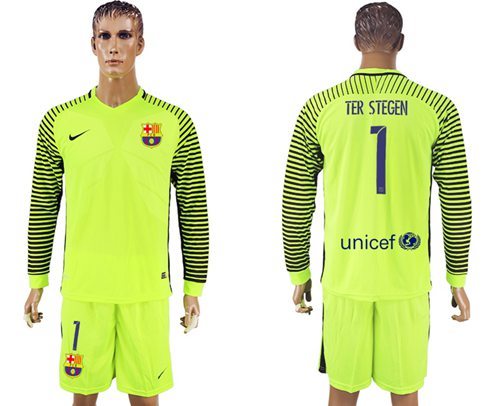 Barcelona #1 Ter Stegen Shiny Green Goalkeeper Long Sleeves Soccer Club Jersey Barcelona #1 Ter Stegen Shiny Green Goalkeeper Long Sleeves Soccer Club Jersey