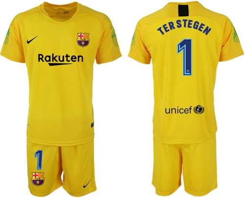 Barcelona #1 Ter Stegen Yellow Goalkeeper Soccer Club Jersey Barcelona #1 Ter Stegen Yellow Goalkeeper Soccer Club Jersey
