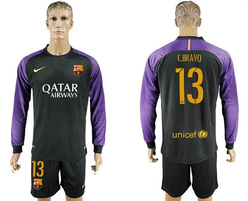 Barcelona #13 C.Bravo Black Goalkeeper Long Sleeves Soccer Club Jersey Barcelona #13 C.Bravo Black Goalkeeper Long Sleeves Soccer Club Jersey