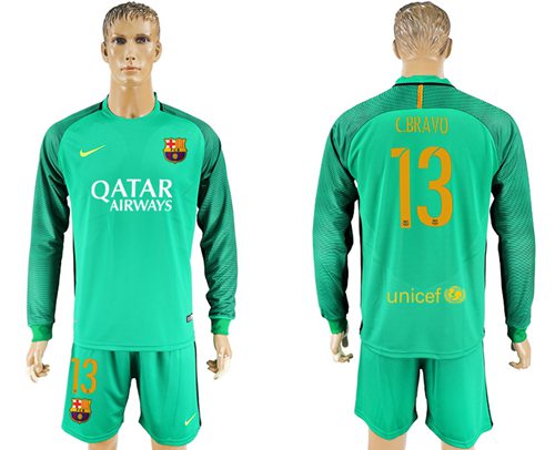 Barcelona #13 C.Bravo Green Goalkeeper Long Sleeves Soccer Club Jersey Barcelona #13 C.Bravo Green Goalkeeper Long Sleeves Soccer Club Jersey