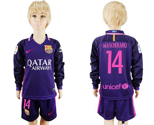 Barcelona #14 Mascherano Away Long Sleeves Kid Soccer Club Jersey