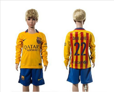 Barcelona #22 Dani Alves Away Long Sleeves Kid Soccer Club Jersey
