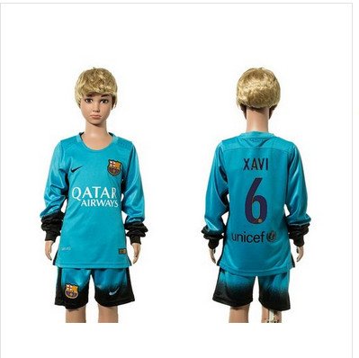 Barcelona #6 Xavi SEC Away Long Sleeves Kid Soccer Club Jersey