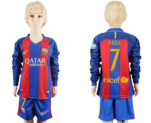 Barcelona #7 Arda Home Long Sleeves Kid Soccer Club Jersey